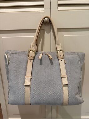 India Hicks Canvas Computer Tote with Cream Leather Trim